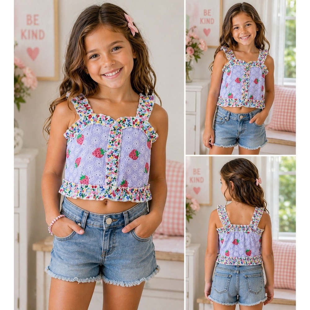 Finding Foxtale‎ Crop Top Purple Strawberry Floral Eyelet Ruffle Summer Size 10